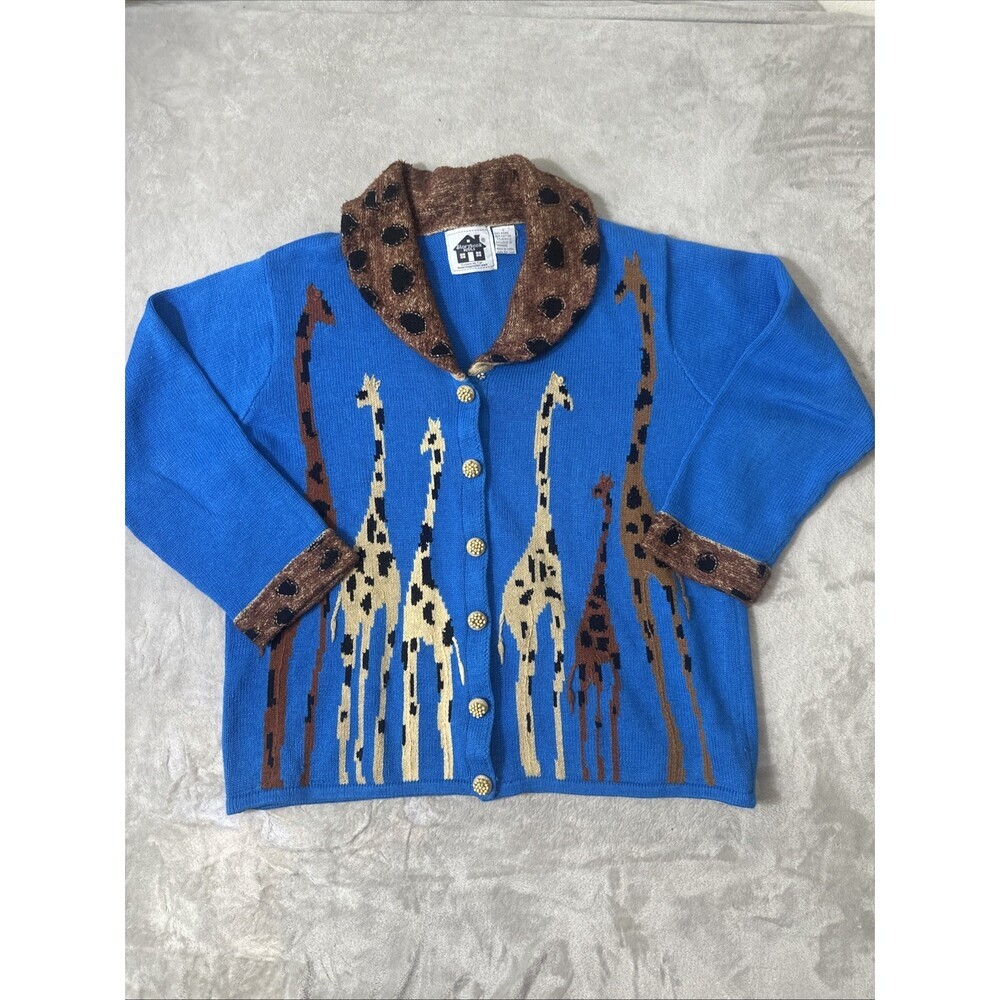Vintage Storybook Knits Giraffe Cardigan Sweater Blue Animal Print Novelty Large